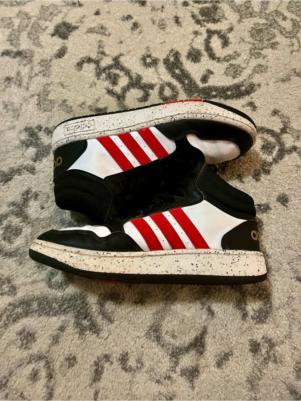 Adidas Kids Black White Red High-Top Sneakers with Red Stripes
